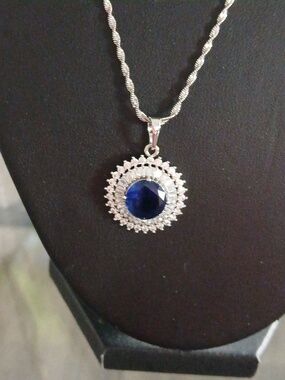 Laminated Silver Blue Stone Pendant Necklace and Ring Set